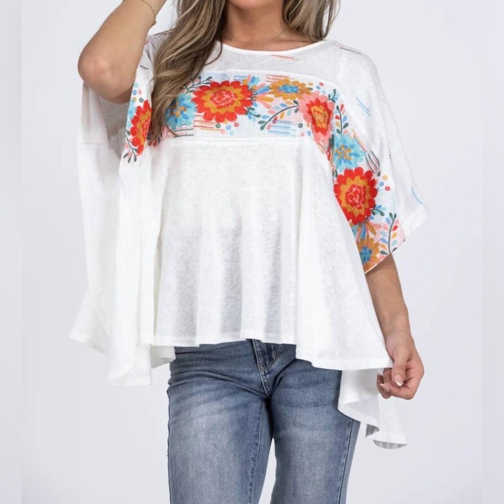 Boho Embroidered Floral White Women's Top